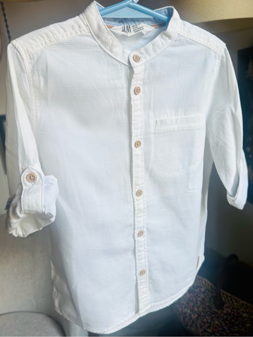 H&M White Mandarin-Collar Button-Down Shirt for boy